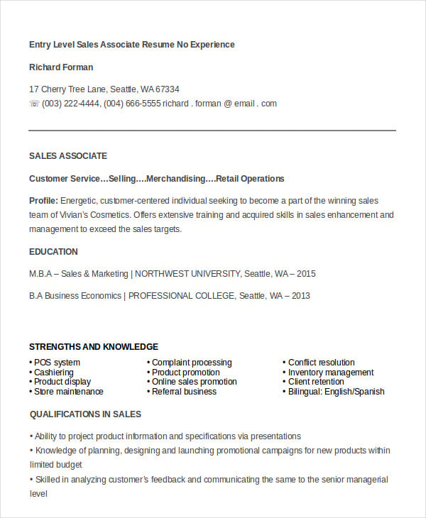 entry level sales associate resume no experience
