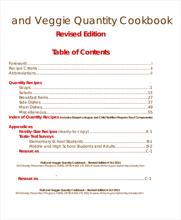 simple cookbook table of contents template