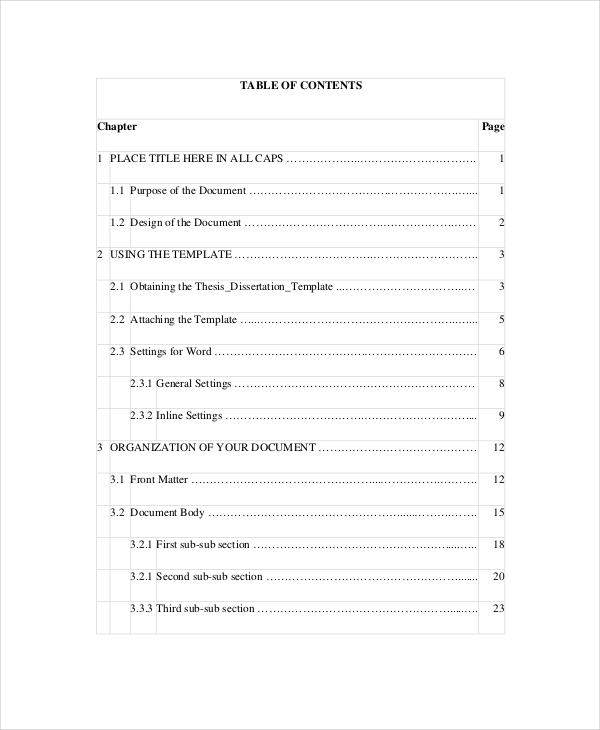 table of content for dissertation