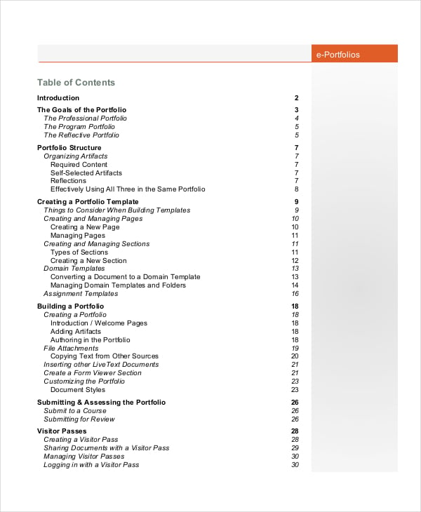 portfolio table of contents template