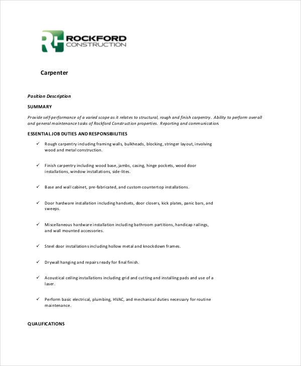 10+ Carpenter Job Description Templates PDF, DOC