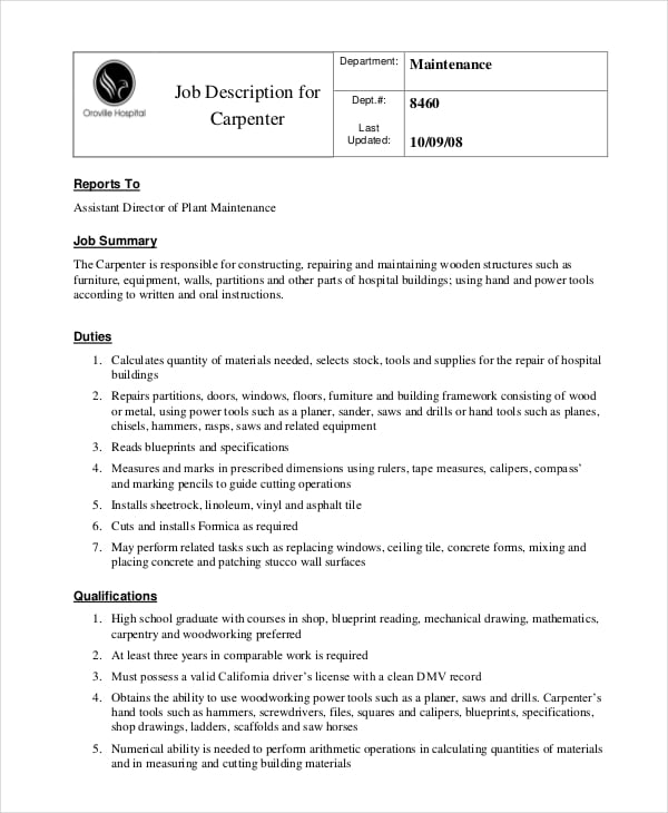 job description for carpenter template download