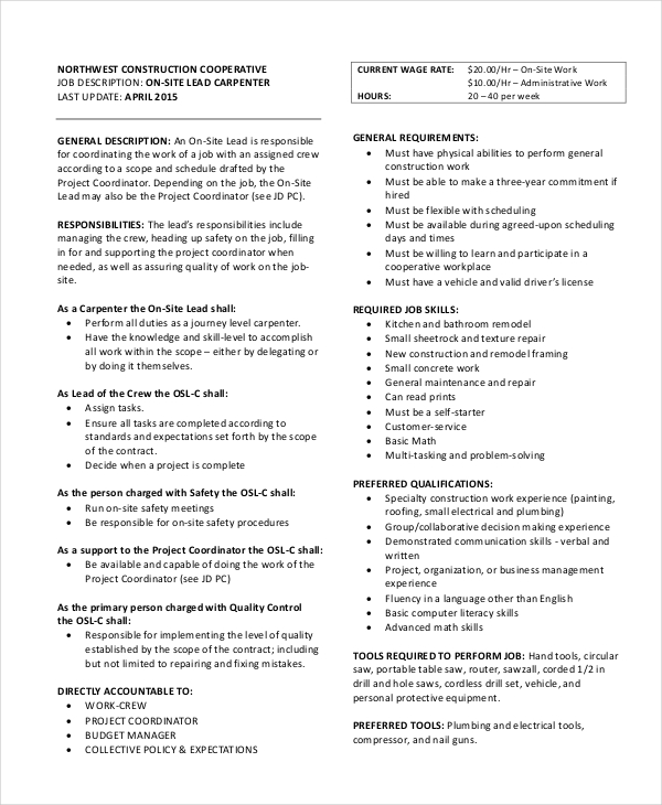 10+ Carpenter Job Description Templates PDF, DOC