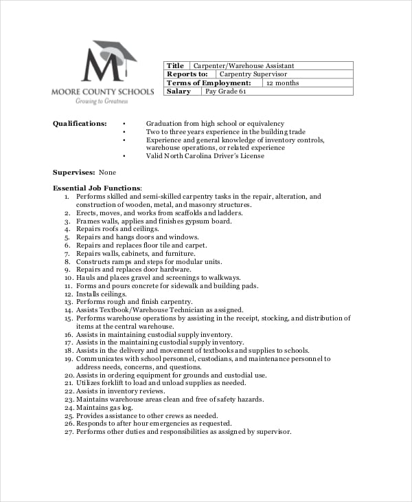 carpenter warehouse assistant job description example