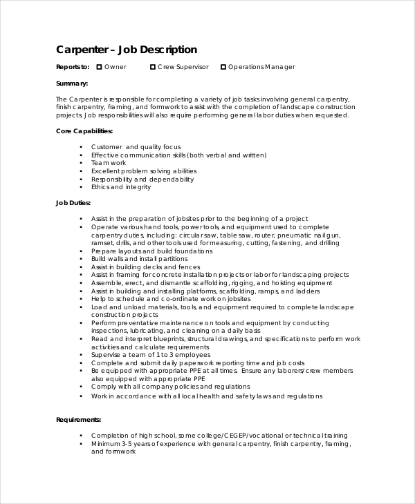 download carpenter job description in pdf