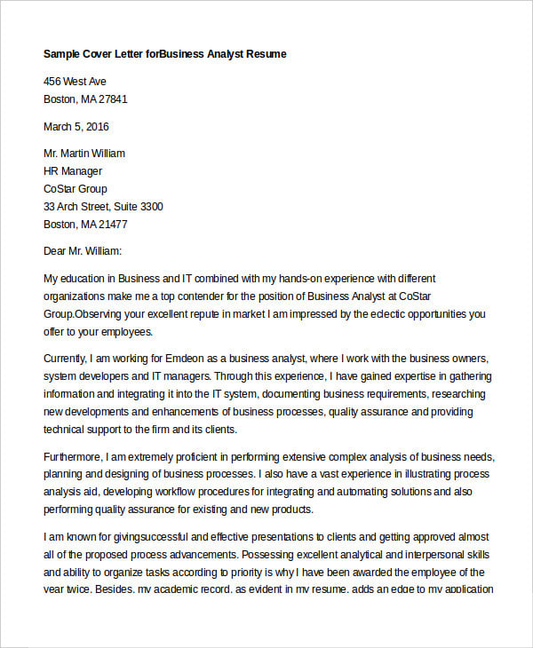 business analyst cover letter sample