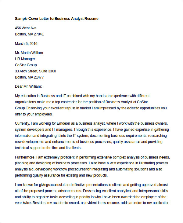 Cover Letter Format For Business Analyst - Sample Cover Letter