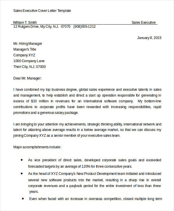 sales executive cover letter template