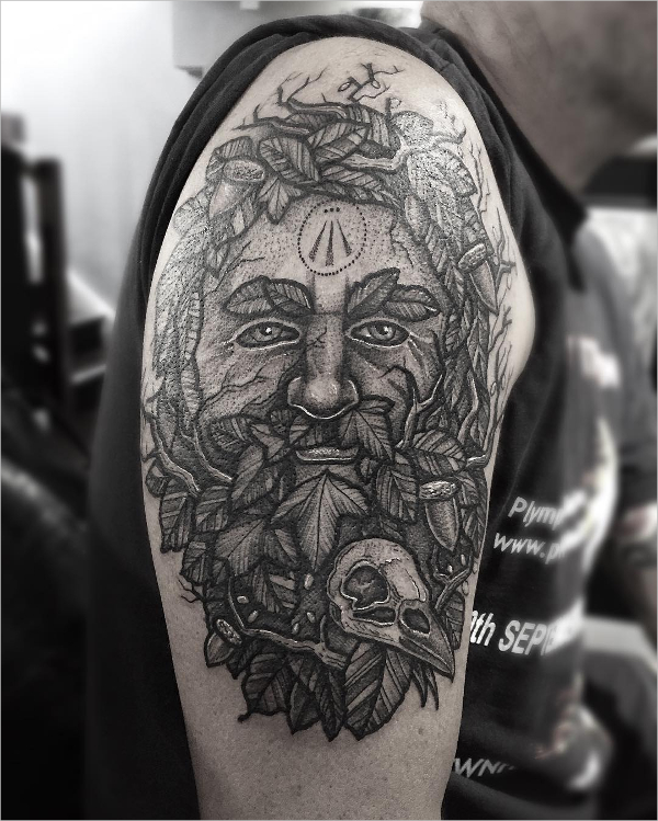 shiny leaf man tattoo