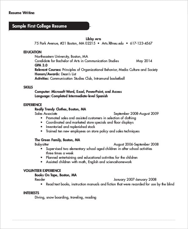 sample first year college student resume