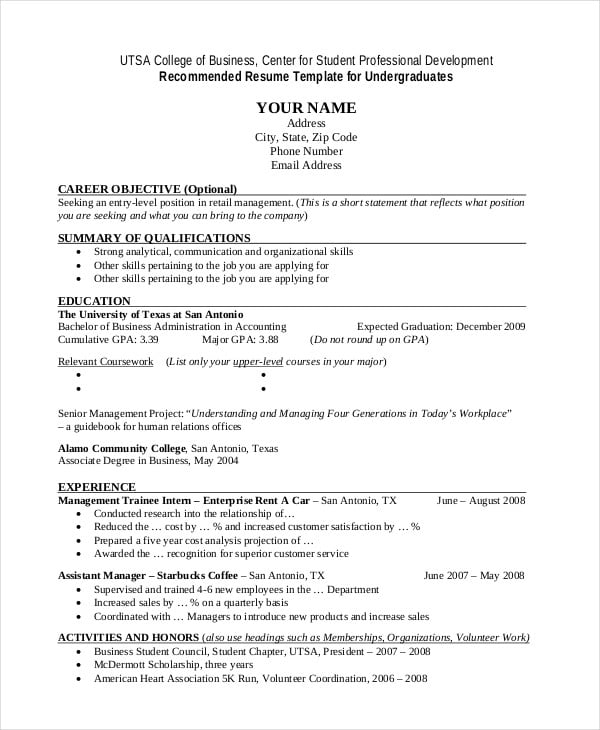 utsa-college-student-resume