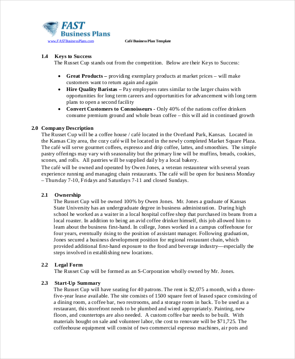 cafe business plan template