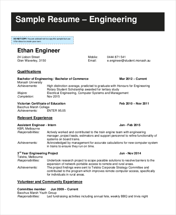 resume samples for engineering students