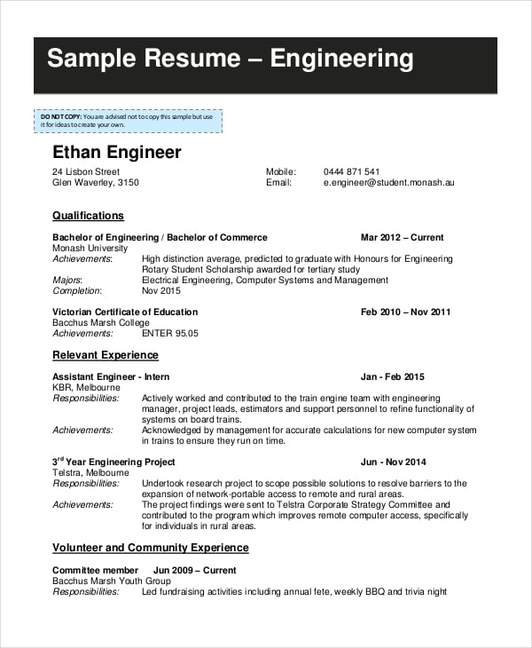 internship resume samples for engineering students