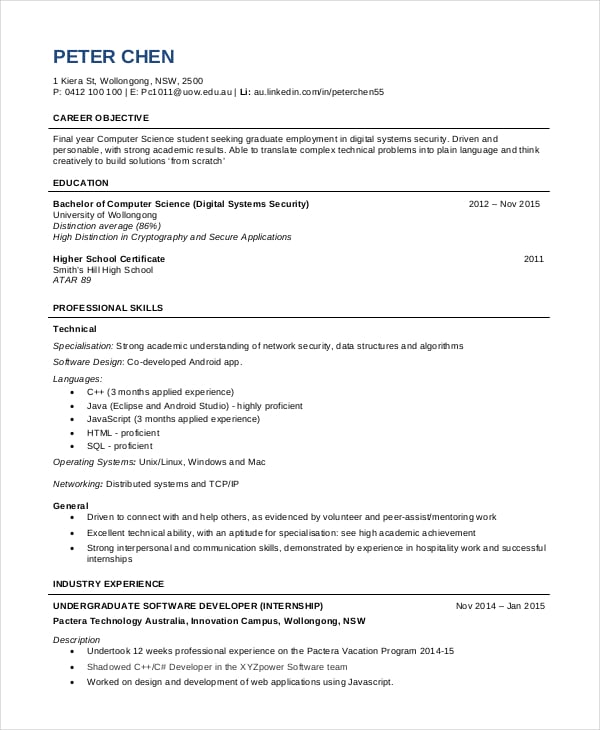 sample computer science student resume