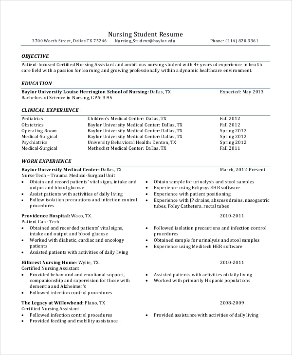 sample nursing student resume
