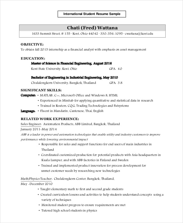 sample international student sample resume