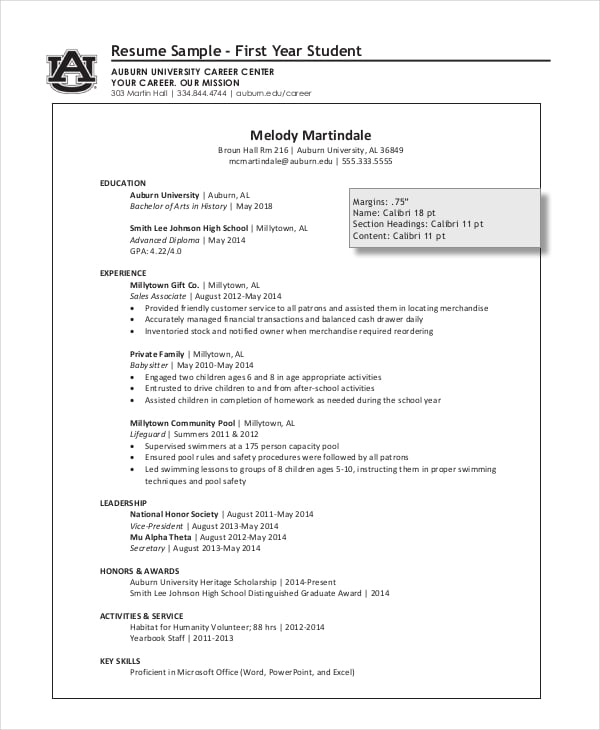 sample first year student resumes
