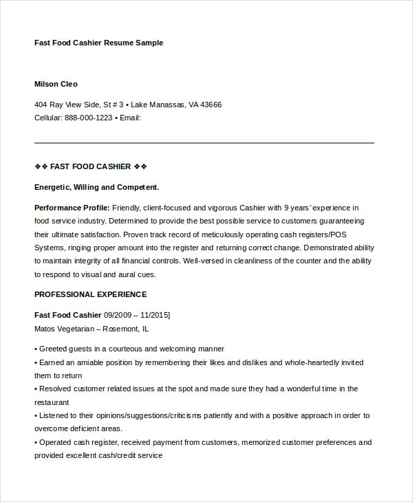 Fast Food Cashier Job Description Resume