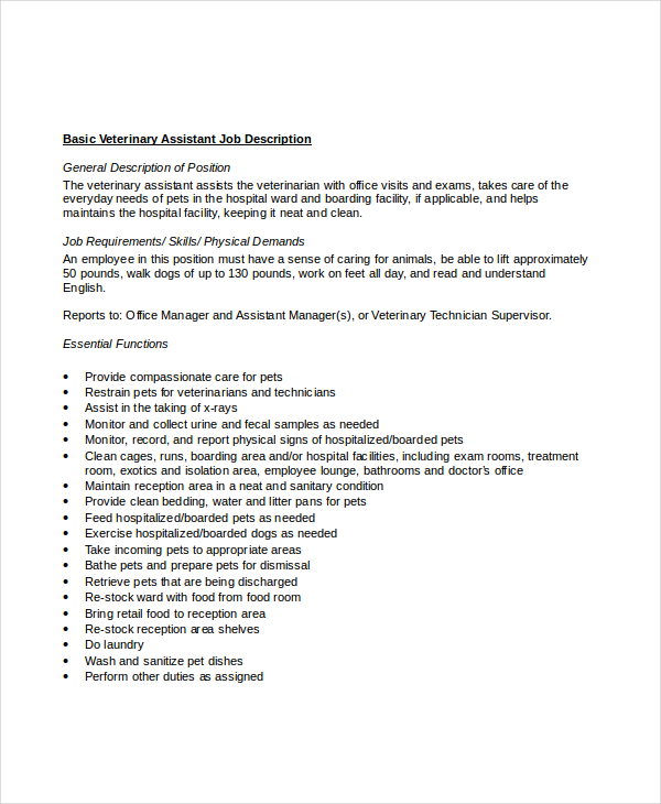 Veterinary Assistant Job Description Resume