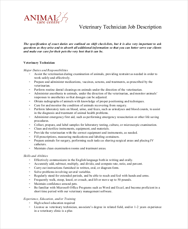 Veterinary Technician Job Description Template