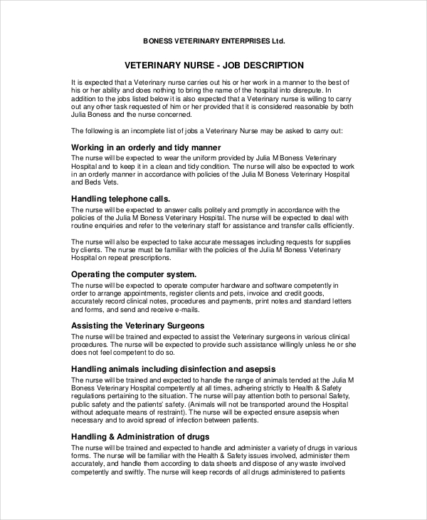 veterinarian nurse job description template