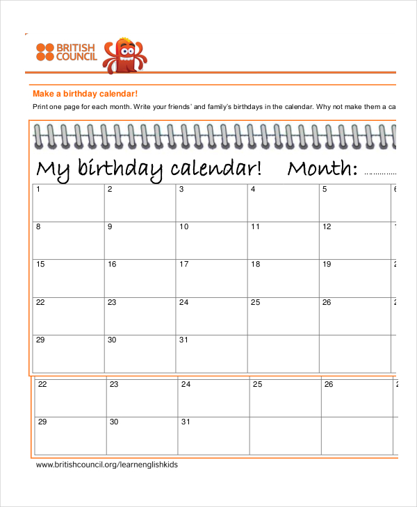 monthly birthday calendar template
