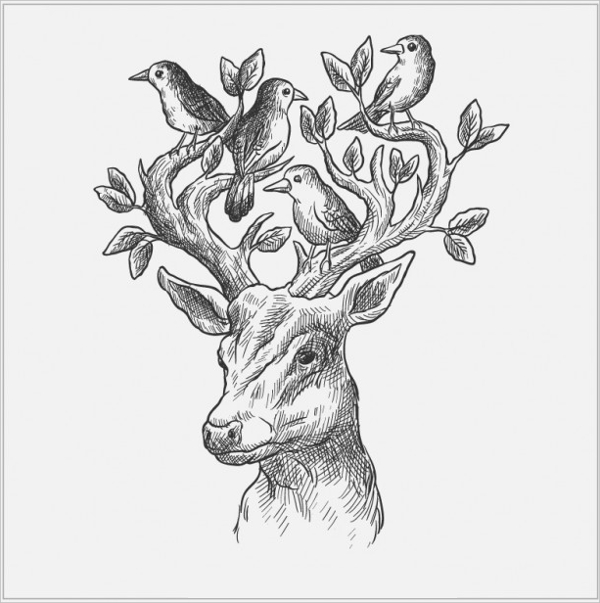 Deer with Birds and Leaves Drawing