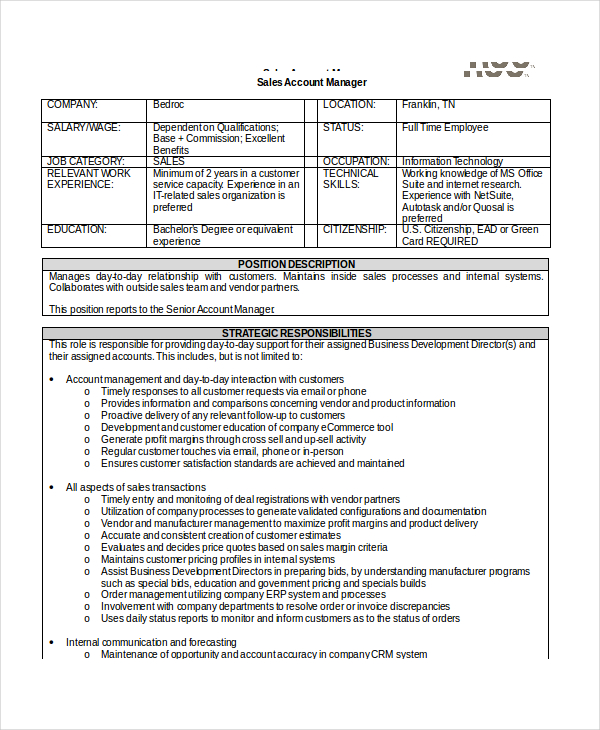 14+ Sales Manager Job Descriptions Free Sample, Example, Format