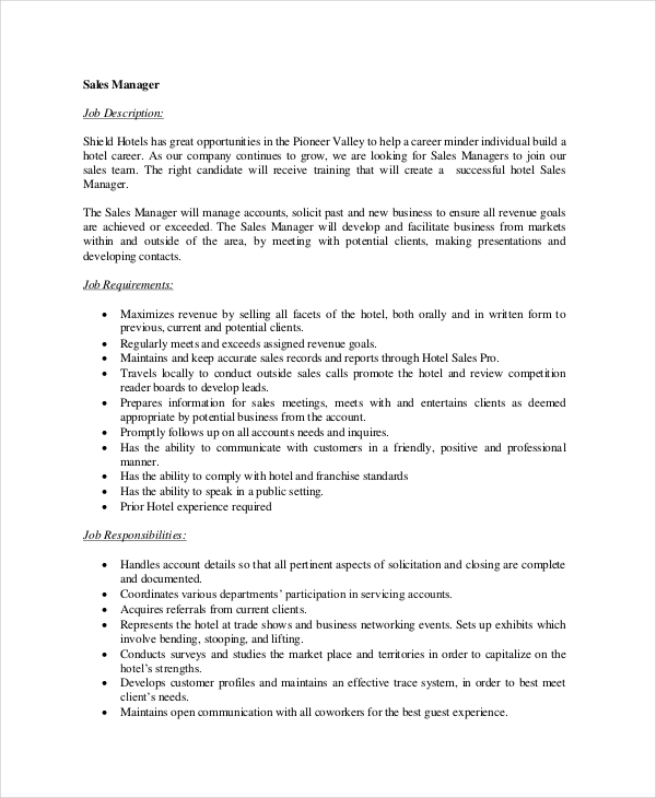 hotel sales manager job description template