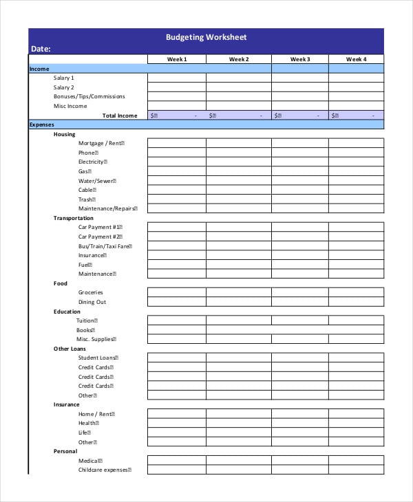 example budgeting worksheet