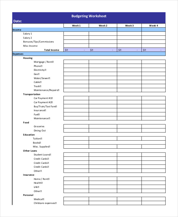 free budgeting worksheets