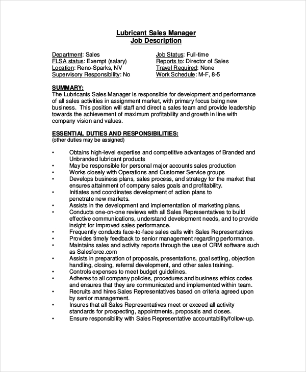 job description template sales manager