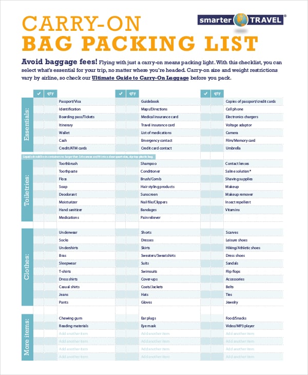 carry on bag travel packing list