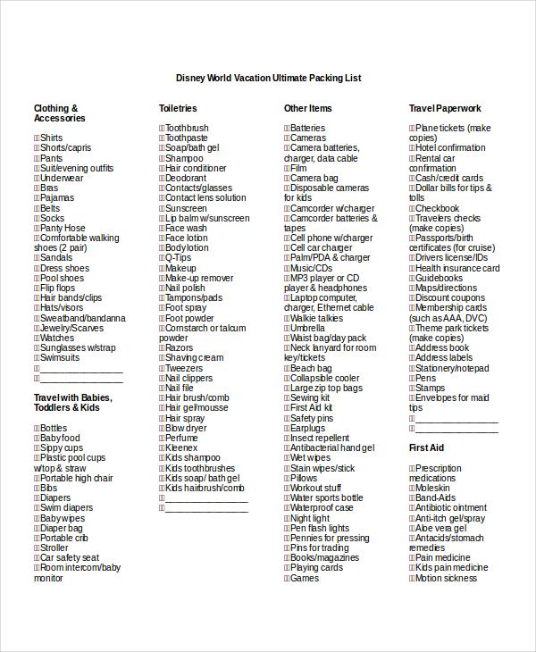 Travel Packing List - 10+ Free Word, PDF, PSD Documents Download