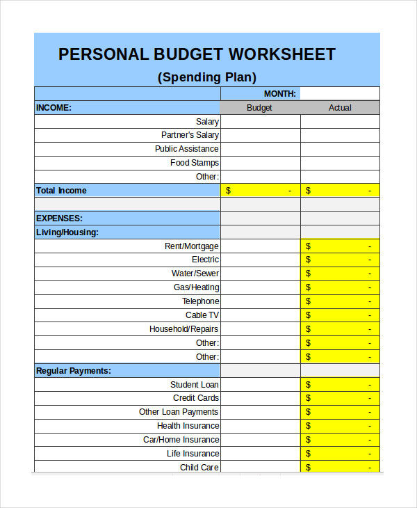 personal budget template printable