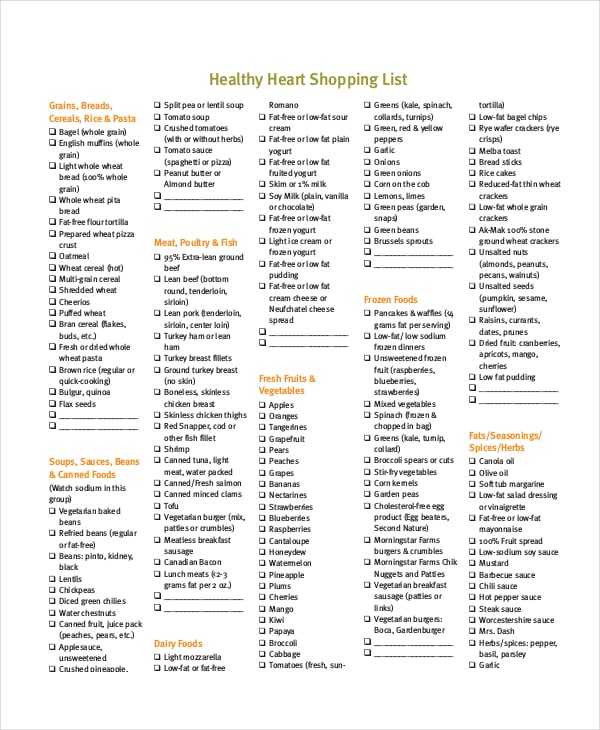 healthy grocery shopping list template
