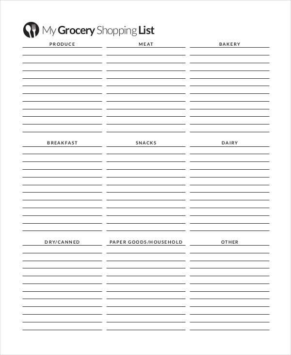 personal grocery shopping list template
