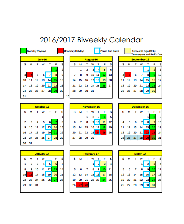 bi weekly calendar template