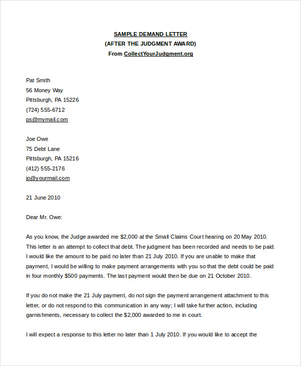 demand letter after judgement