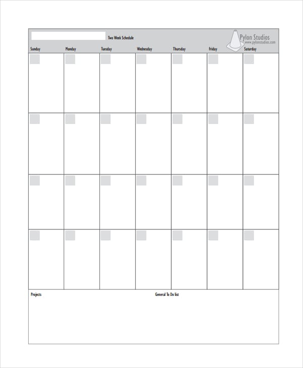 2 week calendar template