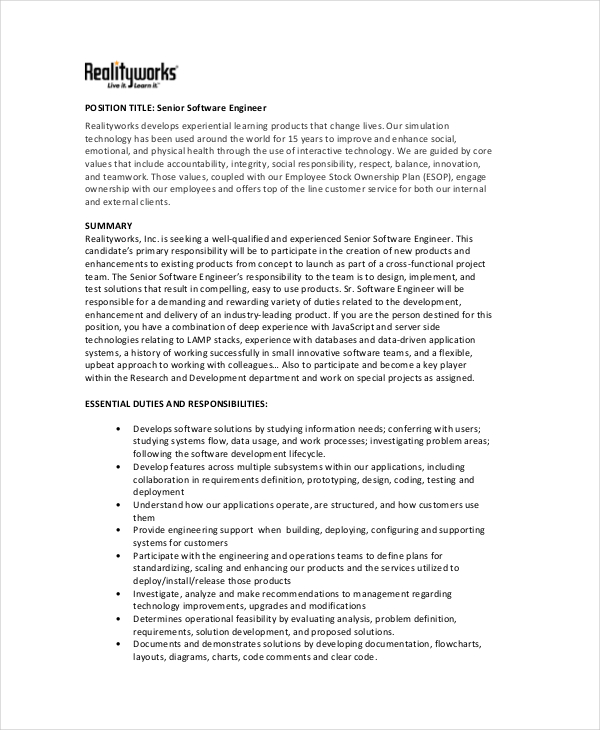 senior software engineer job description template