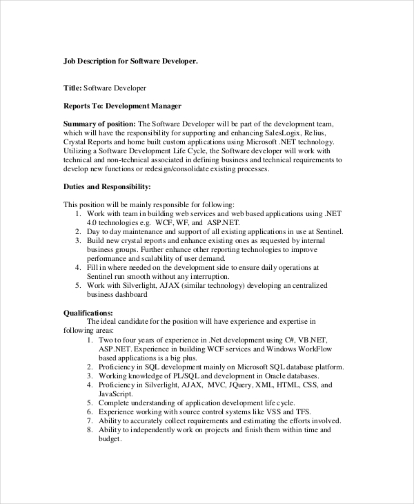 Software engineer job description roles and responsibilities