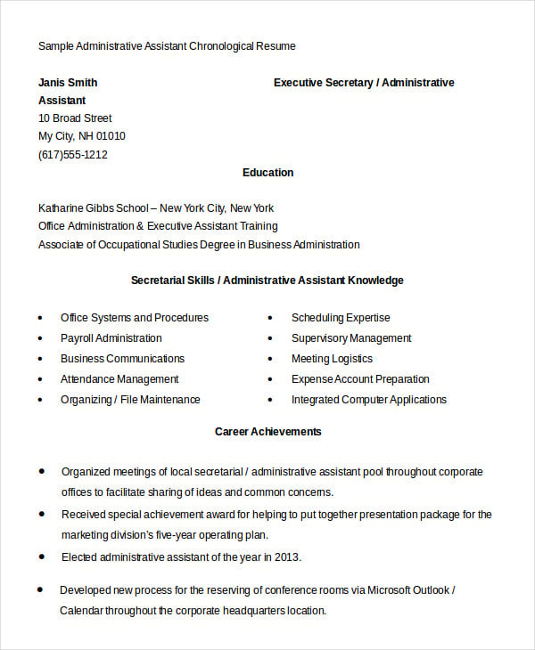administrative assistant chronological resume