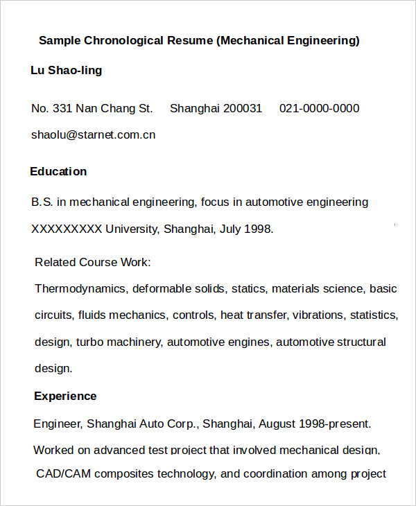 mechanical engineering chronological resume