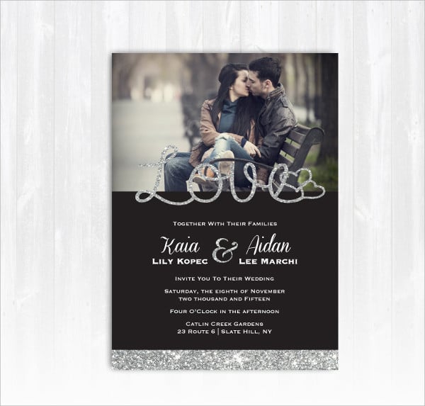 silver glitter wedding invitation with photo