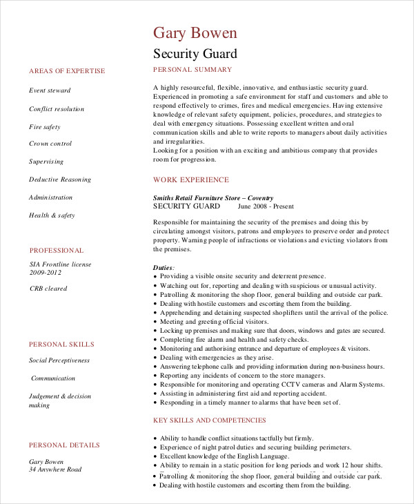 Security Guard Resume - 5+ Free Sample, Example, Format