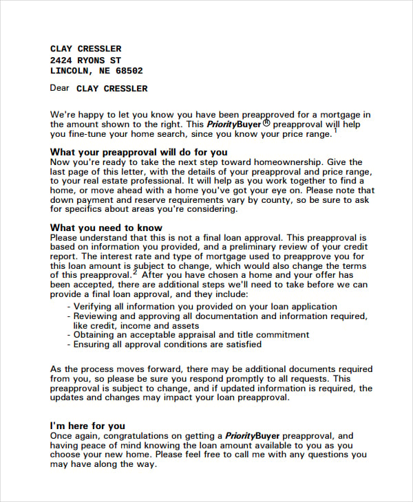 pre approval mortgage letter