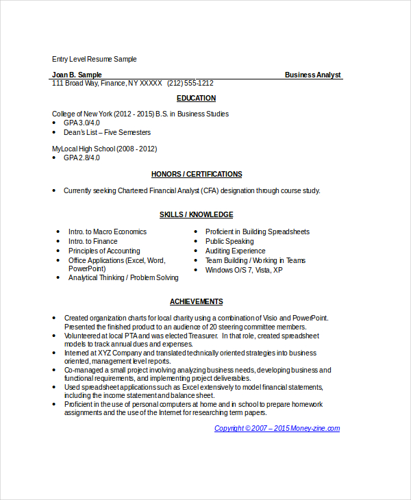 sample objective for resume business analyst