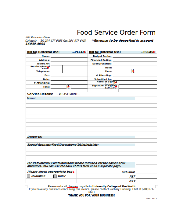 food order form template